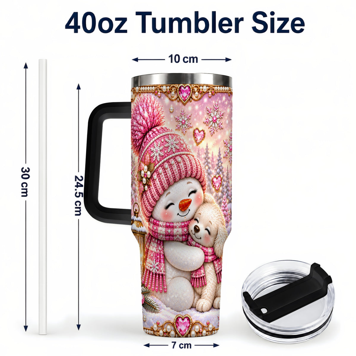 #pl[40oz|Black] Snowman Dog 40oz Tumbler with Handle, Winter Stainless Steel Travel Cup