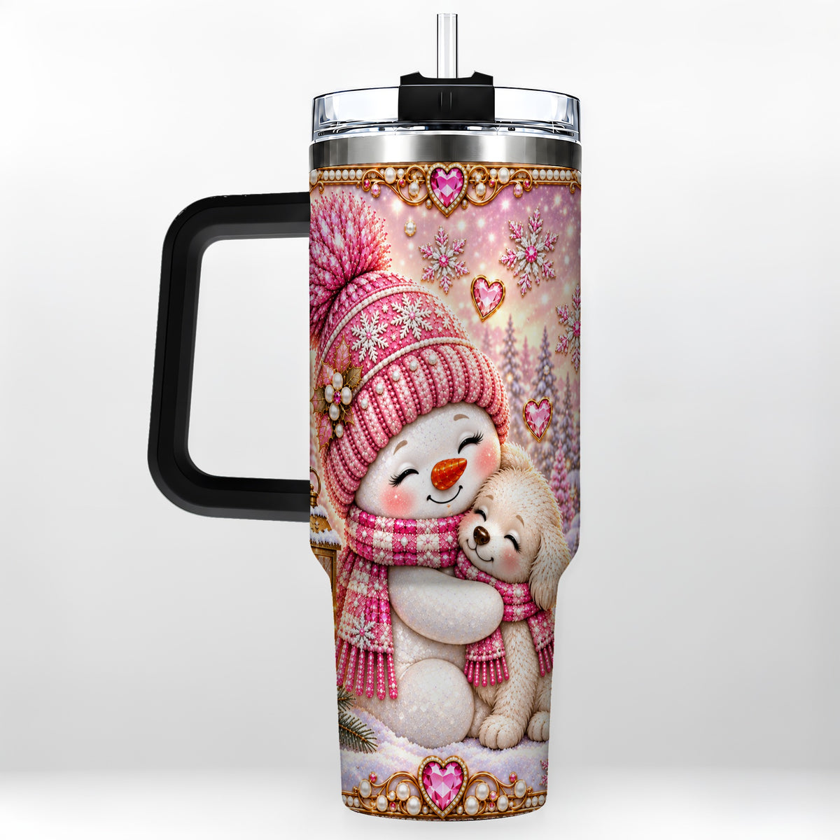 #pl[40oz|Black] Snowman Dog 40oz Tumbler with Handle, Winter Stainless Steel Travel Cup