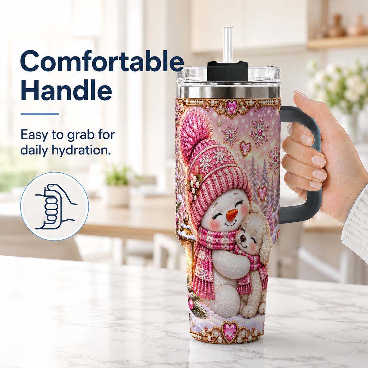 #pl[40oz|Black] Snowman Dog 40oz Tumbler with Handle, Winter Stainless Steel Travel Cup