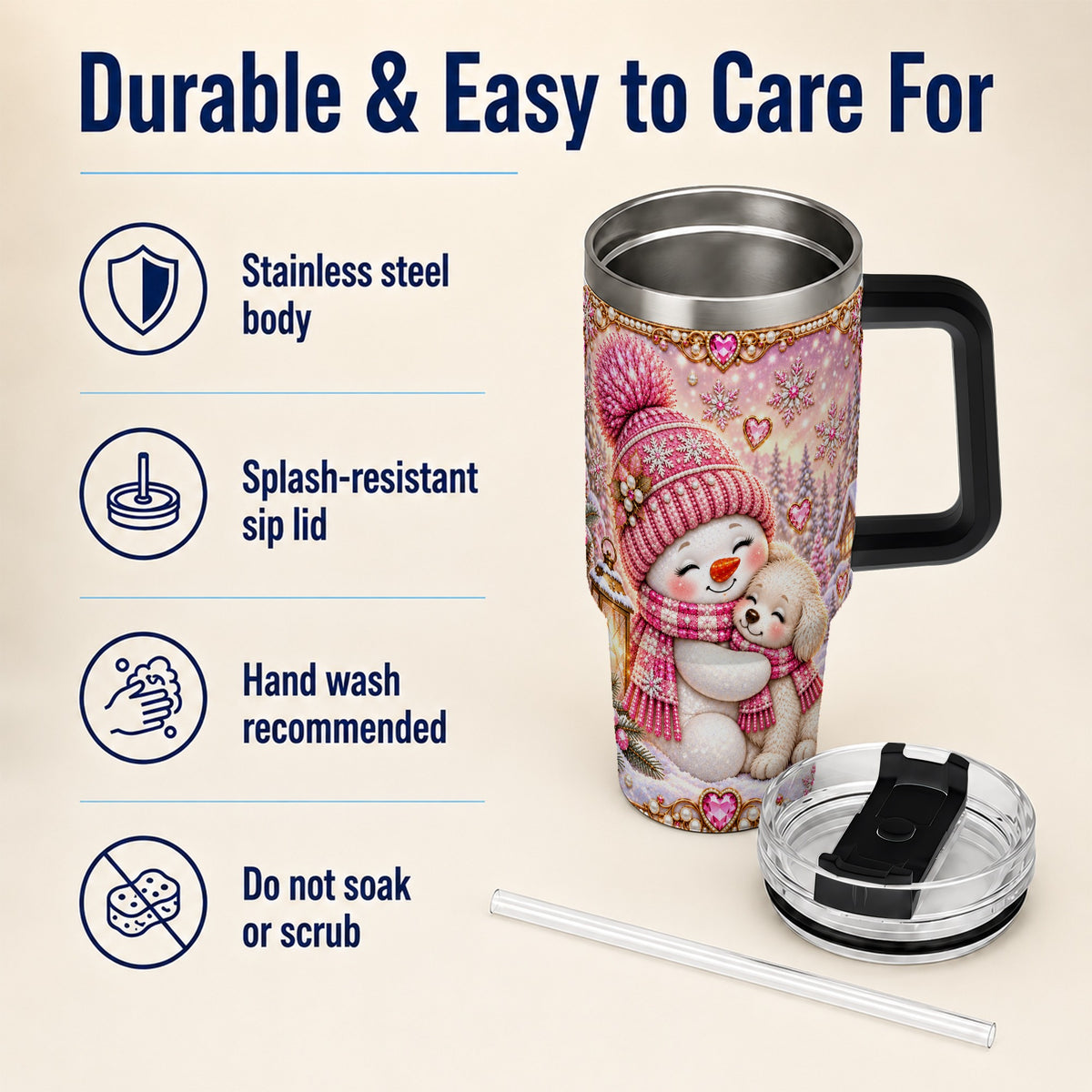 #pl[40oz|Black] Snowman Dog 40oz Tumbler with Handle, Winter Stainless Steel Travel Cup