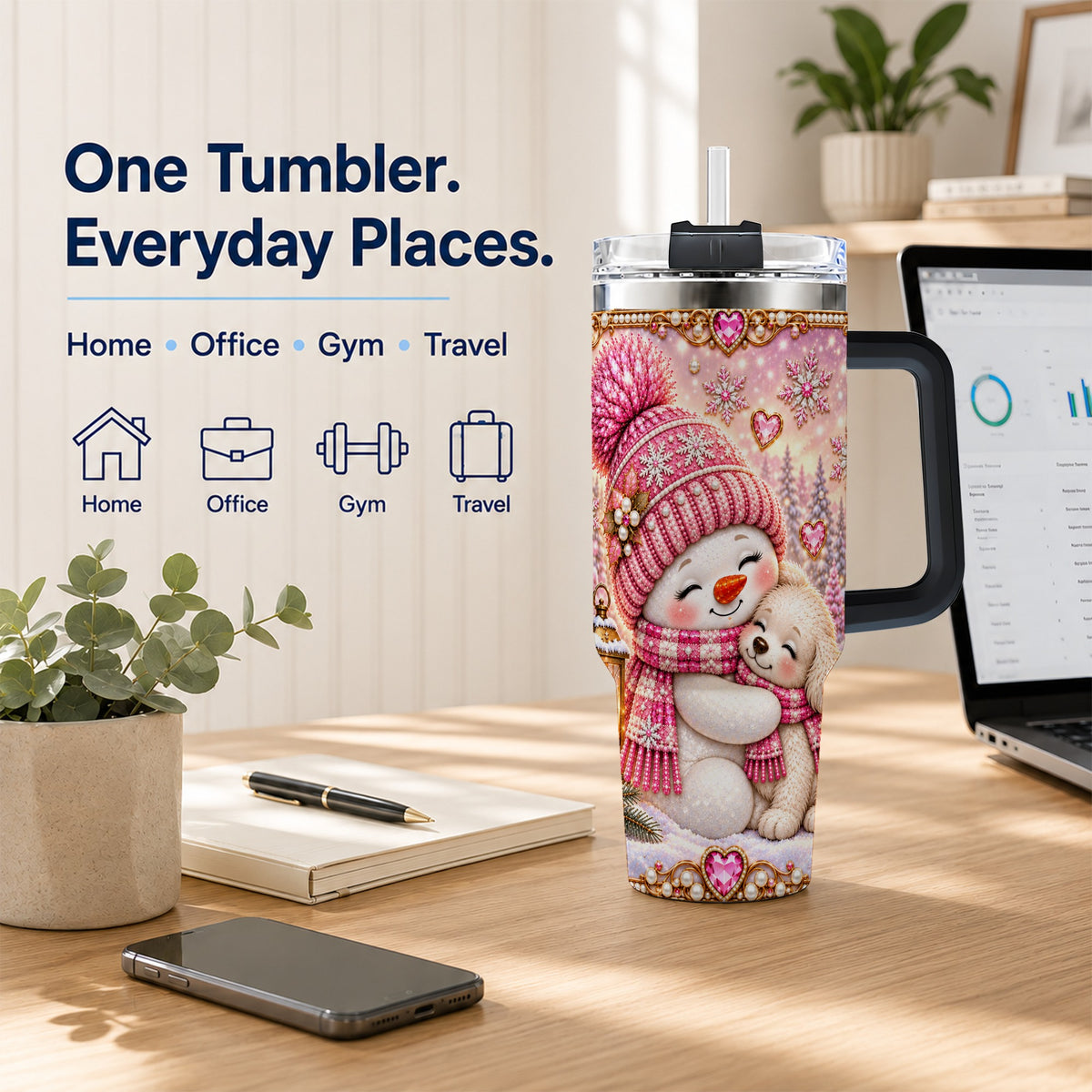 #pl[40oz|Black] Snowman Dog 40oz Tumbler with Handle, Winter Stainless Steel Travel Cup