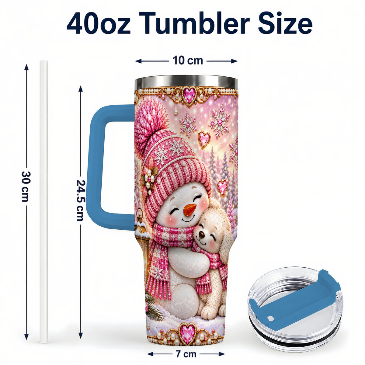 #pl[40oz|Blue] Snowman Dog 40oz Tumbler with Handle, Winter Stainless Steel Travel Cup