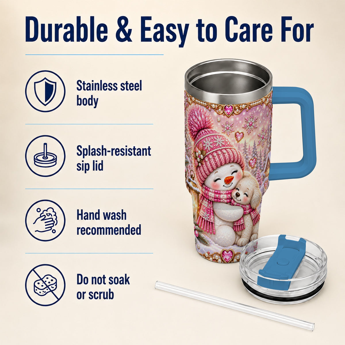 #pl[40oz|Blue] Snowman Dog 40oz Tumbler with Handle, Winter Stainless Steel Travel Cup