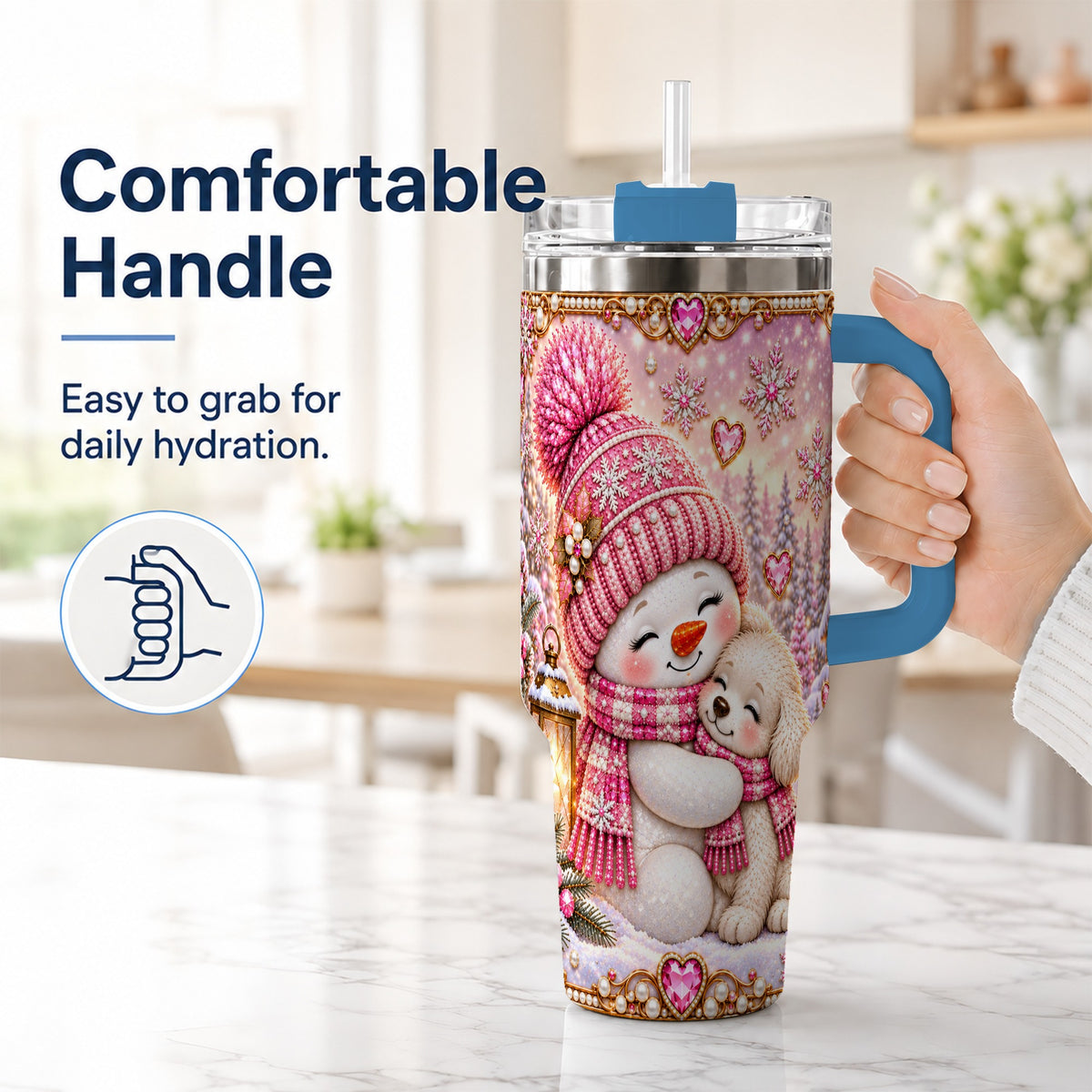 #pl[40oz|Blue] Snowman Dog 40oz Tumbler with Handle, Winter Stainless Steel Travel Cup