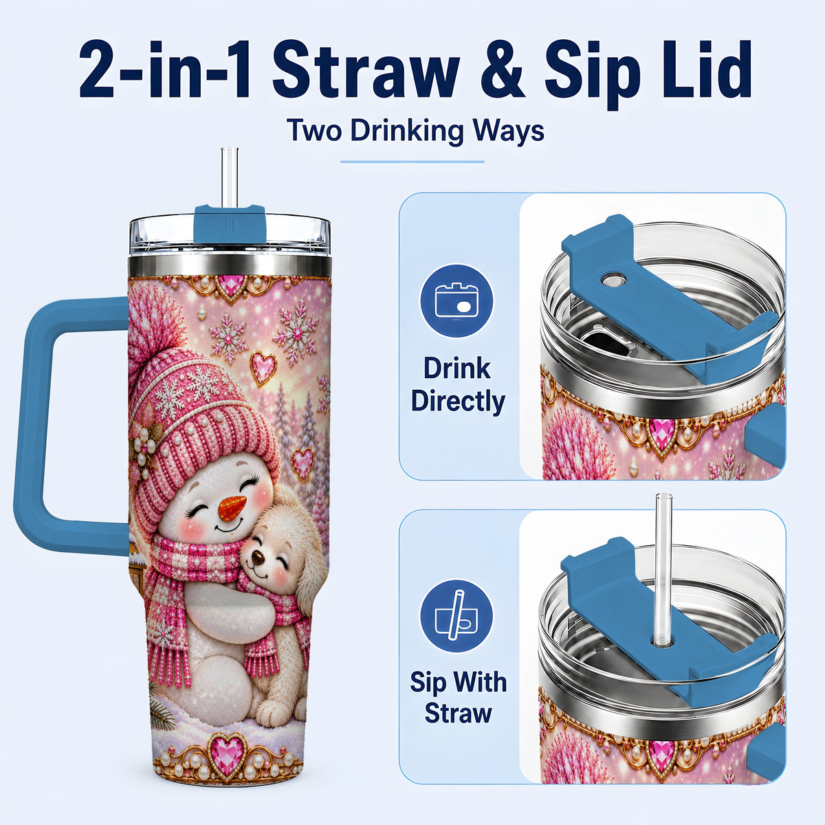 #pl[40oz|Blue] Snowman Dog 40oz Tumbler with Handle, Winter Stainless Steel Travel Cup