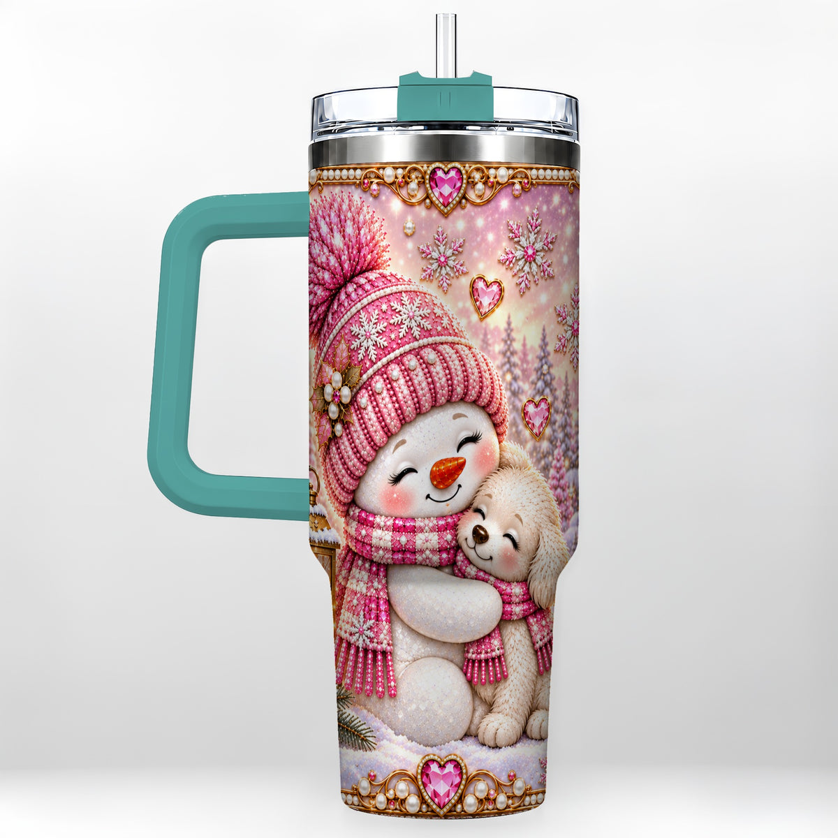 #pl[40oz|Green] Snowman Dog 40oz Tumbler with Handle, Winter Stainless Steel Travel Cup
