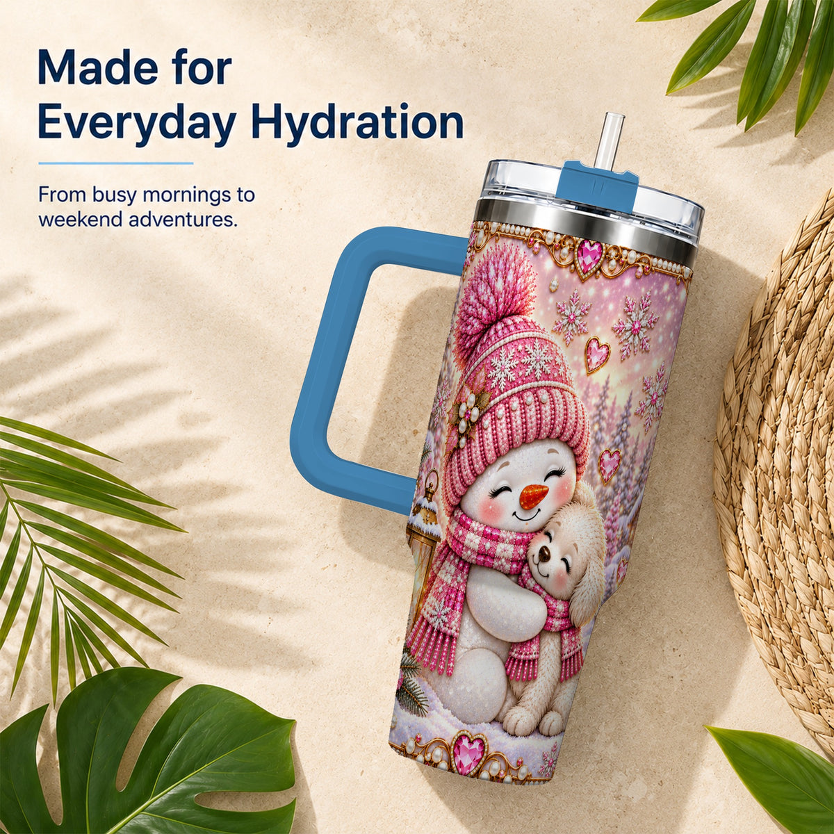 #pl[40oz|Blue] Snowman Dog 40oz Tumbler with Handle, Winter Stainless Steel Travel Cup
