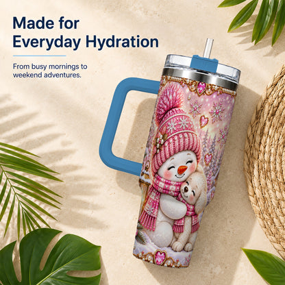 #pl[40oz|Blue] Snowman Dog 40oz Tumbler with Handle, Winter Stainless Steel Travel Cup
