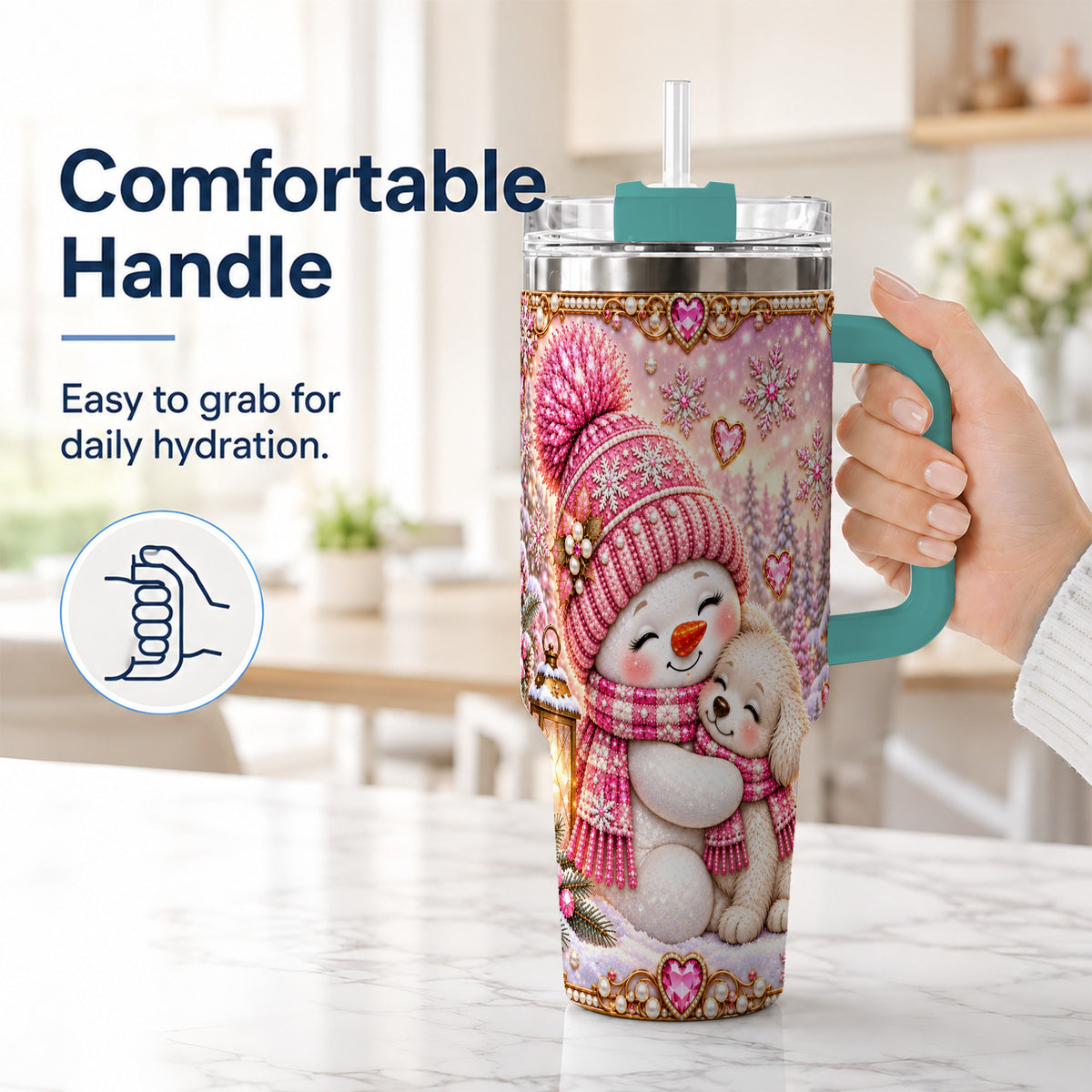 #pl[40oz|Green] Snowman Dog 40oz Tumbler with Handle, Winter Stainless Steel Travel Cup