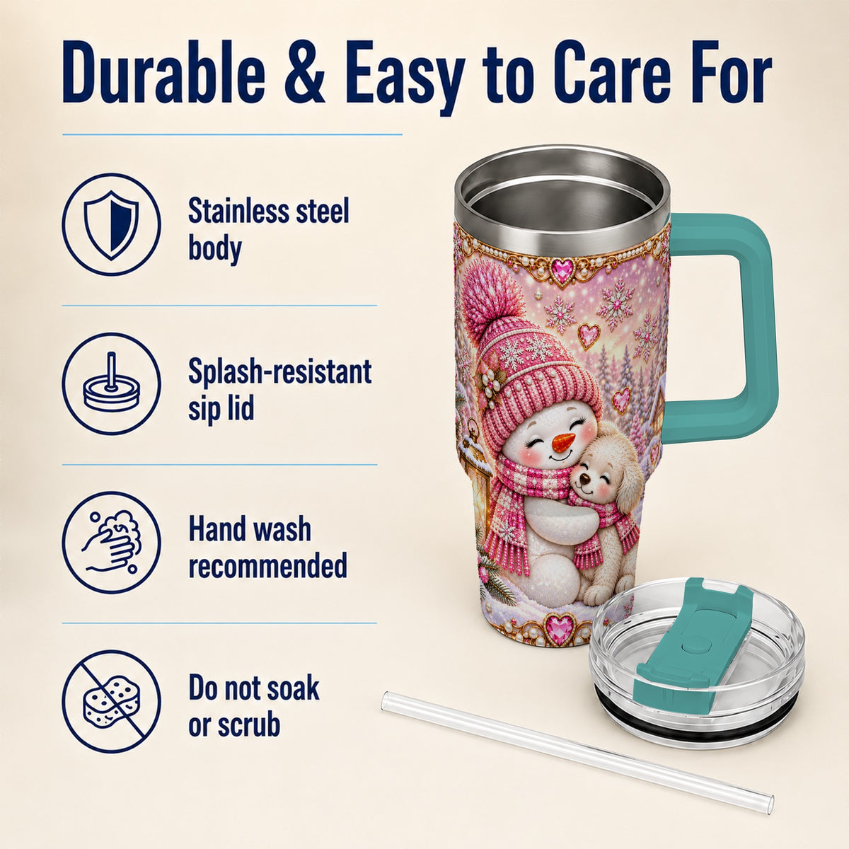 #pl[40oz|Green] Snowman Dog 40oz Tumbler with Handle, Winter Stainless Steel Travel Cup