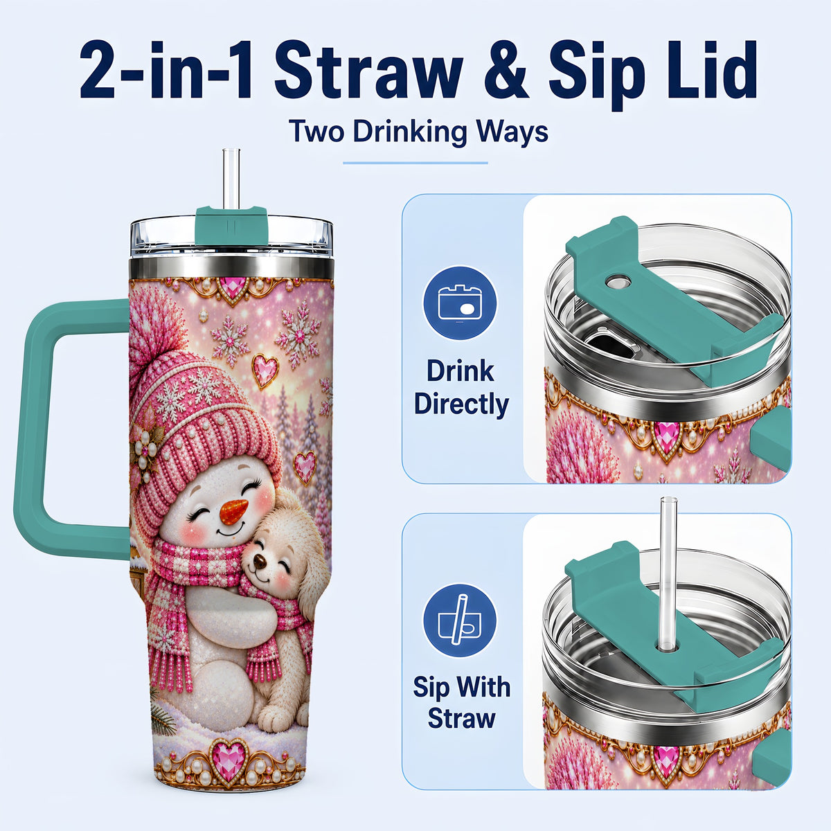 #pl[40oz|Green] Snowman Dog 40oz Tumbler with Handle, Winter Stainless Steel Travel Cup