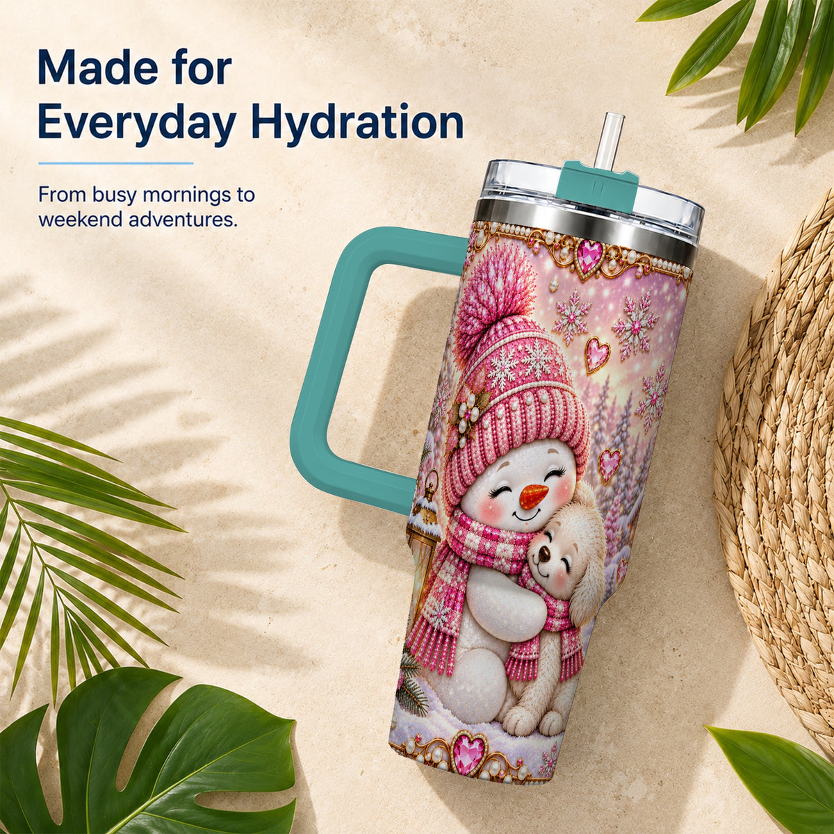 #pl[40oz|Green] Snowman Dog 40oz Tumbler with Handle, Winter Stainless Steel Travel Cup