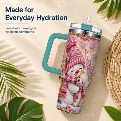 #pl[40oz|Green] Snowman Dog 40oz Tumbler with Handle, Winter Stainless Steel Travel Cup