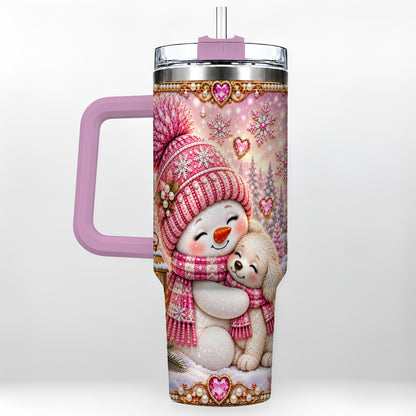 #pl[40oz|Pink] Snowman Dog 40oz Tumbler with Handle, Winter Stainless Steel Travel Cup