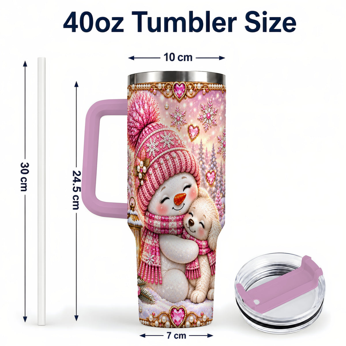#pl[40oz|Pink] Snowman Dog 40oz Tumbler with Handle, Winter Stainless Steel Travel Cup