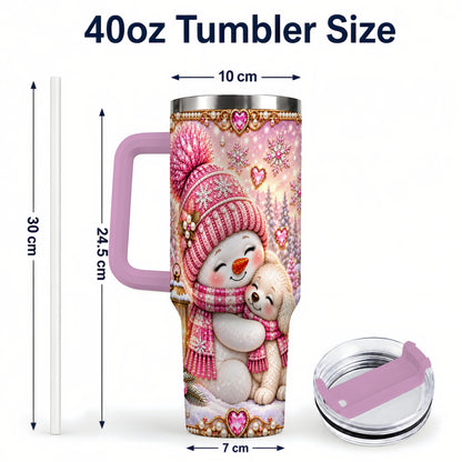 #pl[40oz|Pink] Snowman Dog 40oz Tumbler with Handle, Winter Stainless Steel Travel Cup