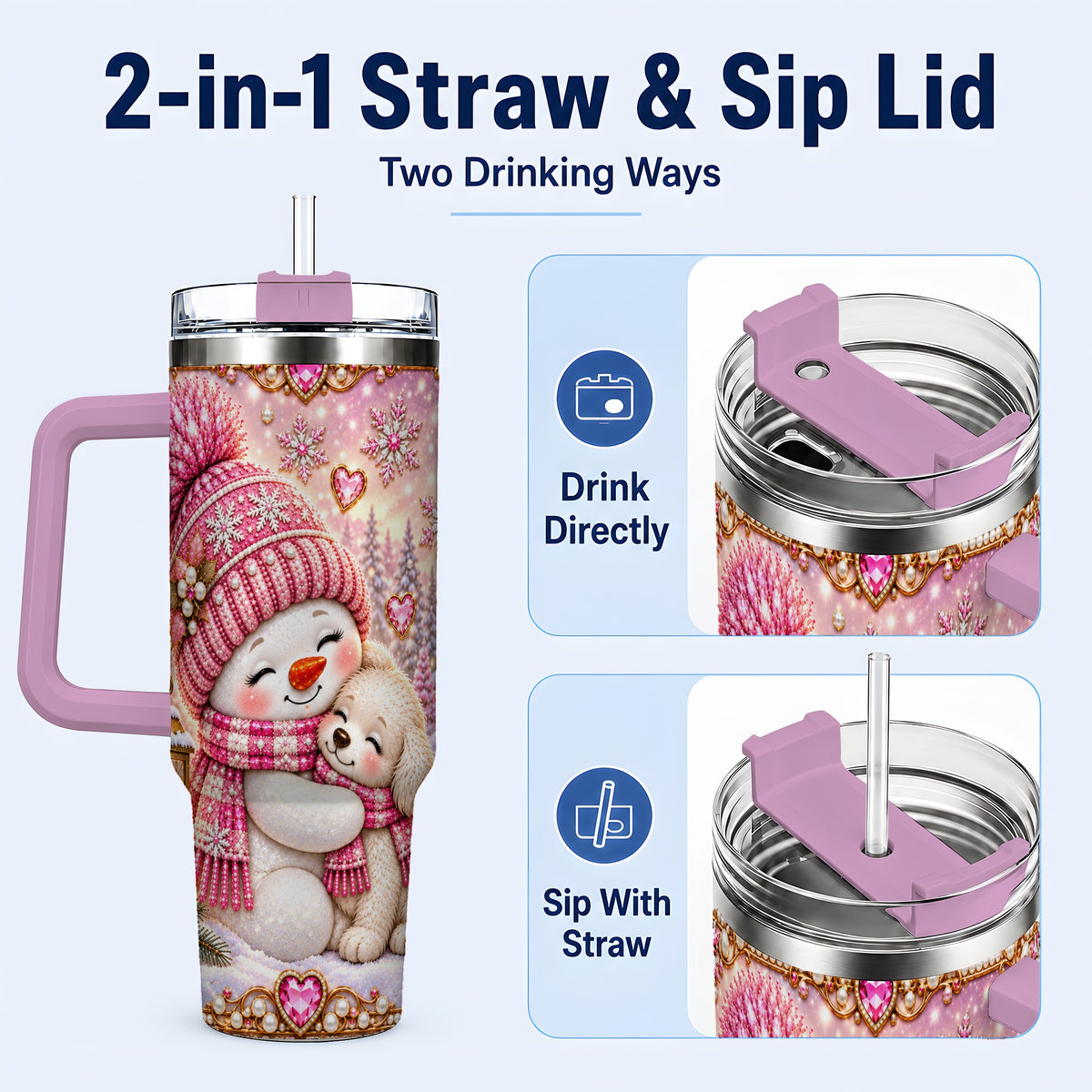 #pl[40oz|Pink] Snowman Dog 40oz Tumbler with Handle, Winter Stainless Steel Travel Cup