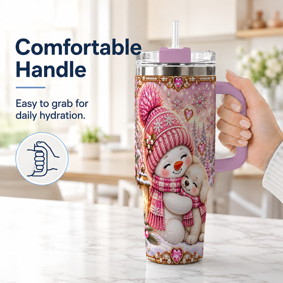 #pl[40oz|Pink] Snowman Dog 40oz Tumbler with Handle, Winter Stainless Steel Travel Cup
