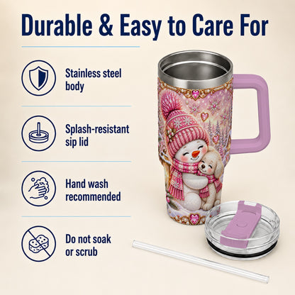 #pl[40oz|Pink] Snowman Dog 40oz Tumbler with Handle, Winter Stainless Steel Travel Cup
