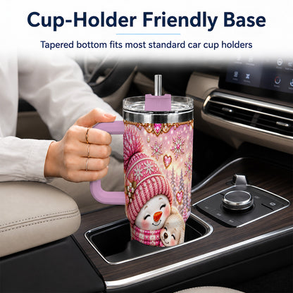 #pl[40oz|Pink] Snowman Dog 40oz Tumbler with Handle, Winter Stainless Steel Travel Cup