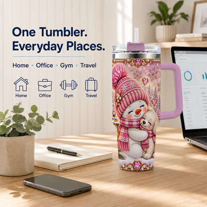 #pl[40oz|Pink] Snowman Dog 40oz Tumbler with Handle, Winter Stainless Steel Travel Cup