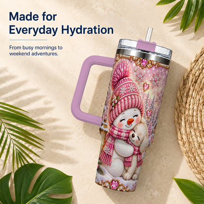 #pl[40oz|Pink] Snowman Dog 40oz Tumbler with Handle, Winter Stainless Steel Travel Cup