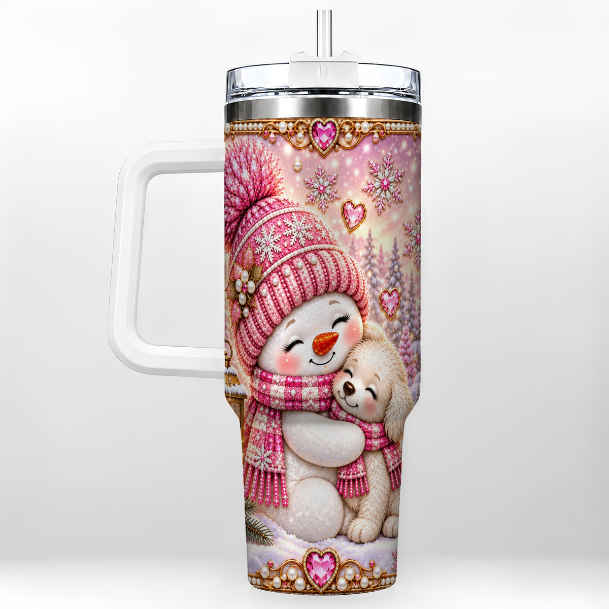 Snowman Dog 40oz Tumbler with Handle, Winter Stainless Steel Travel Cup