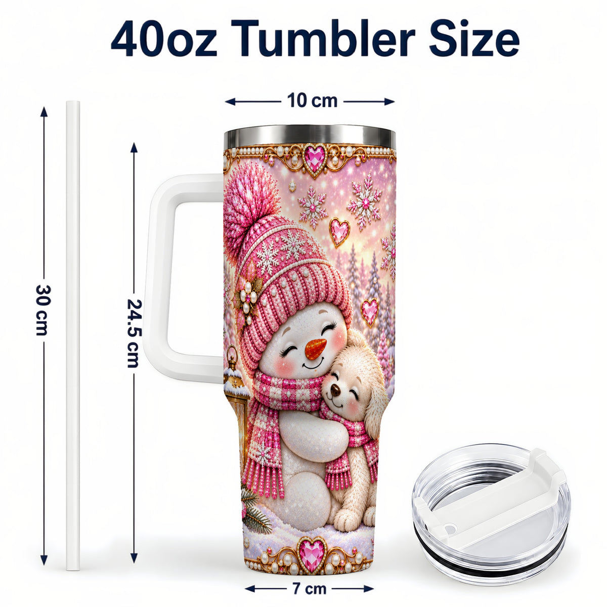 #pl[40oz|White] Snowman Dog 40oz Tumbler with Handle, Winter Stainless Steel Travel Cup