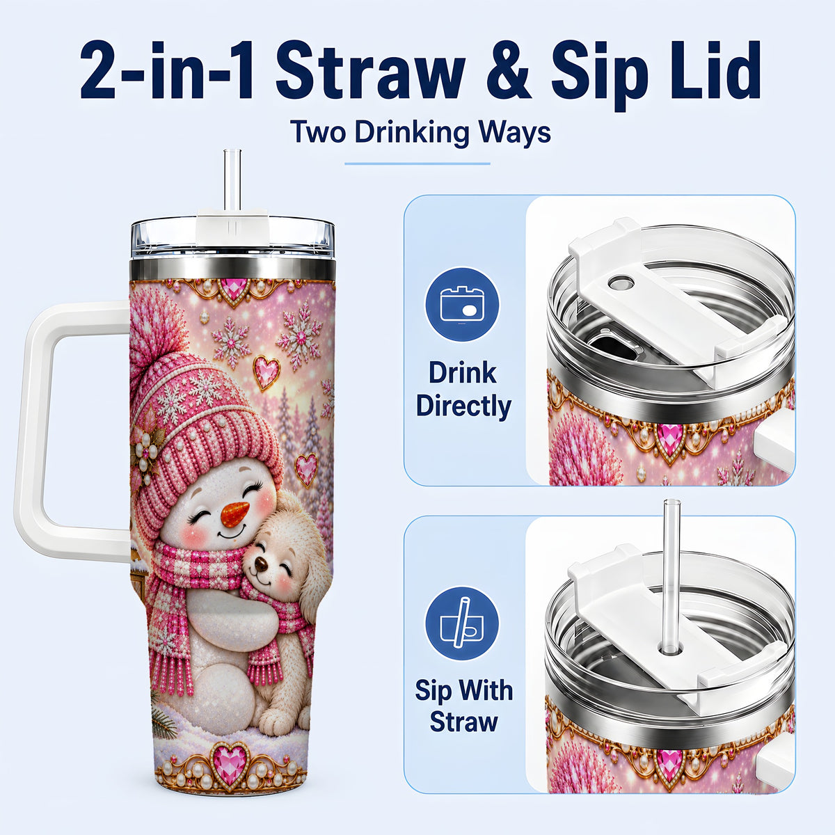 #pl[40oz|White] Snowman Dog 40oz Tumbler with Handle, Winter Stainless Steel Travel Cup
