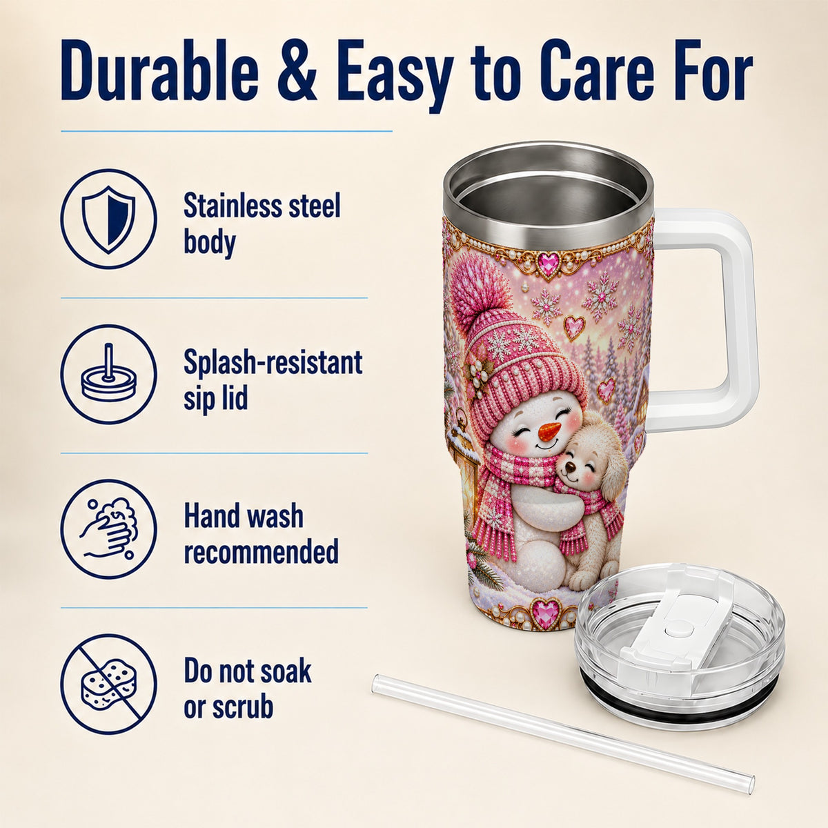 #pl[40oz|White] Snowman Dog 40oz Tumbler with Handle, Winter Stainless Steel Travel Cup