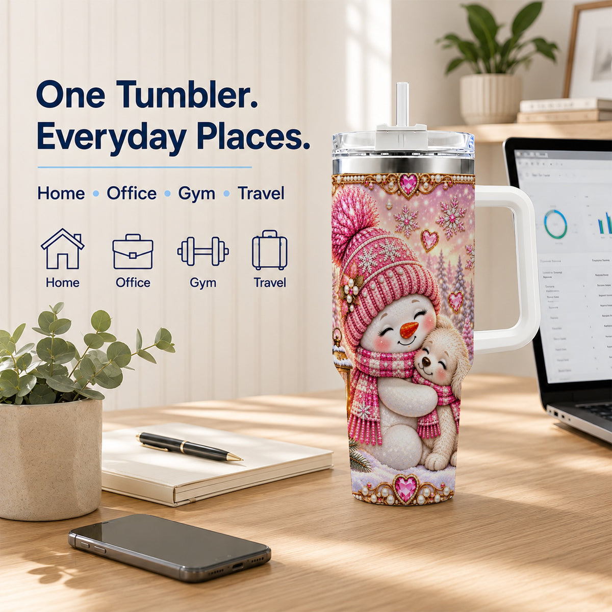 #pl[40oz|White] Snowman Dog 40oz Tumbler with Handle, Winter Stainless Steel Travel Cup