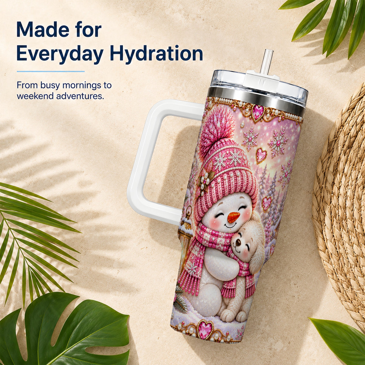 #pl[40oz|White] Snowman Dog 40oz Tumbler with Handle, Winter Stainless Steel Travel Cup