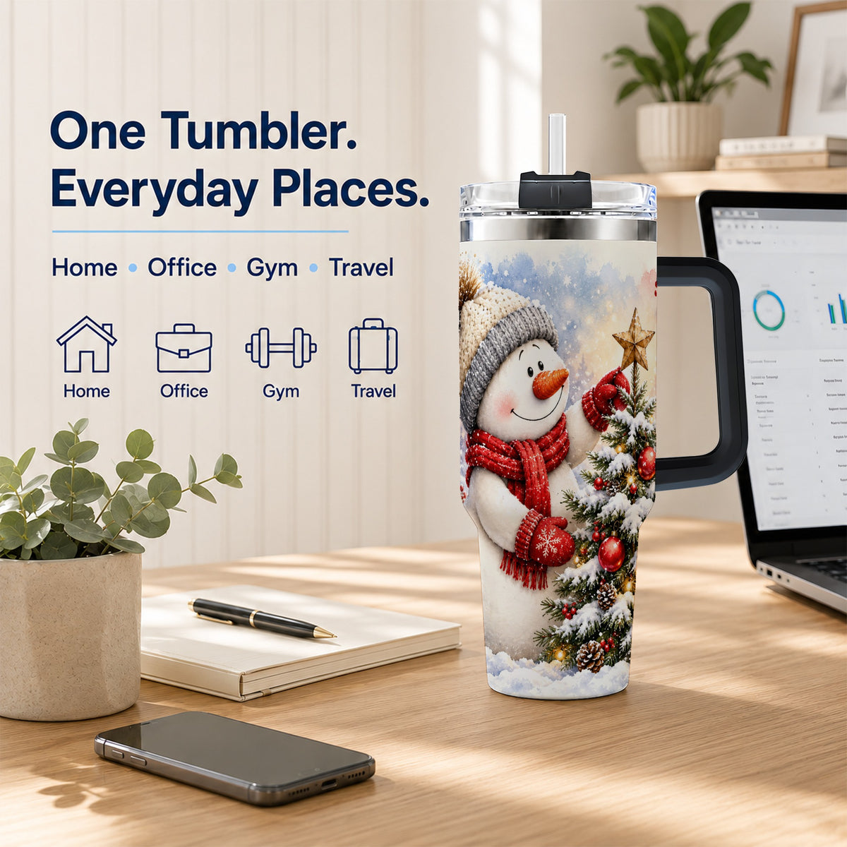 #pl[40oz|Black] Snowman Christmas 40oz Tumbler, Winter Tumbler, Stainless Steel Travel Cup