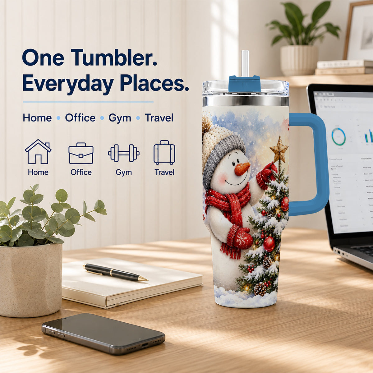 #pl[40oz|Blue] Snowman Christmas 40oz Tumbler, Winter Tumbler, Stainless Steel Travel Cup