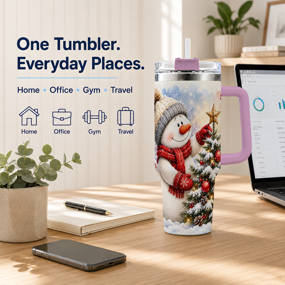 #pl[40oz|Pink] Snowman Christmas 40oz Tumbler, Winter Tumbler, Stainless Steel Travel Cup