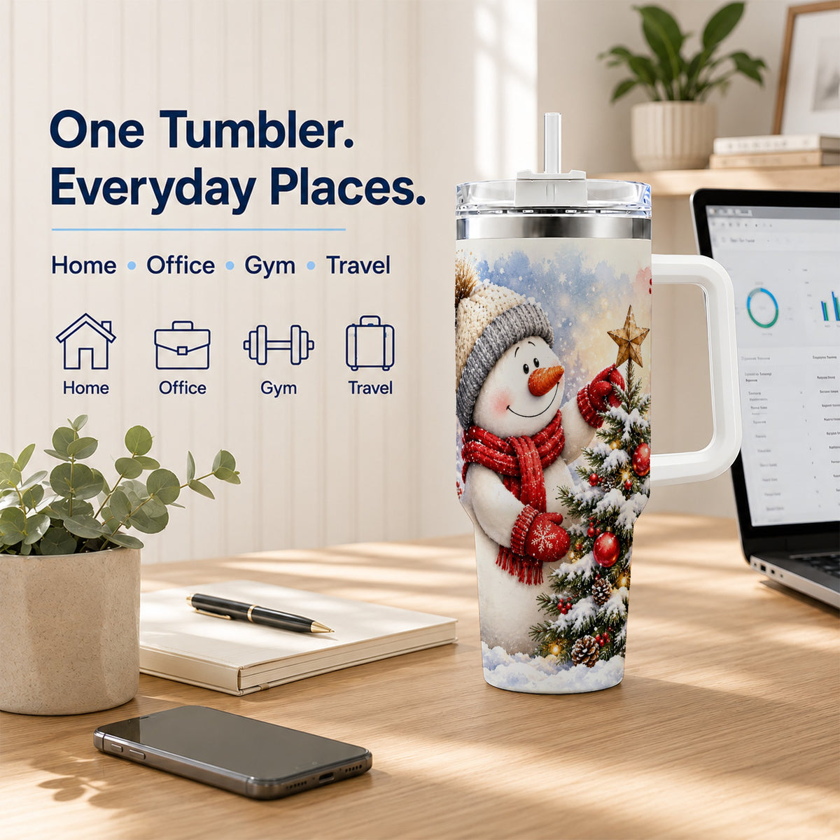 #pl[40oz|White] Snowman Christmas 40oz Tumbler, Winter Tumbler, Stainless Steel Travel Cup