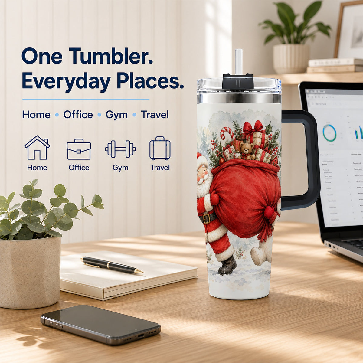 #pl[40oz|Black] Santa Snowman 40oz Tumbler, Holiday Tumbler, Stainless Steel Travel Cup