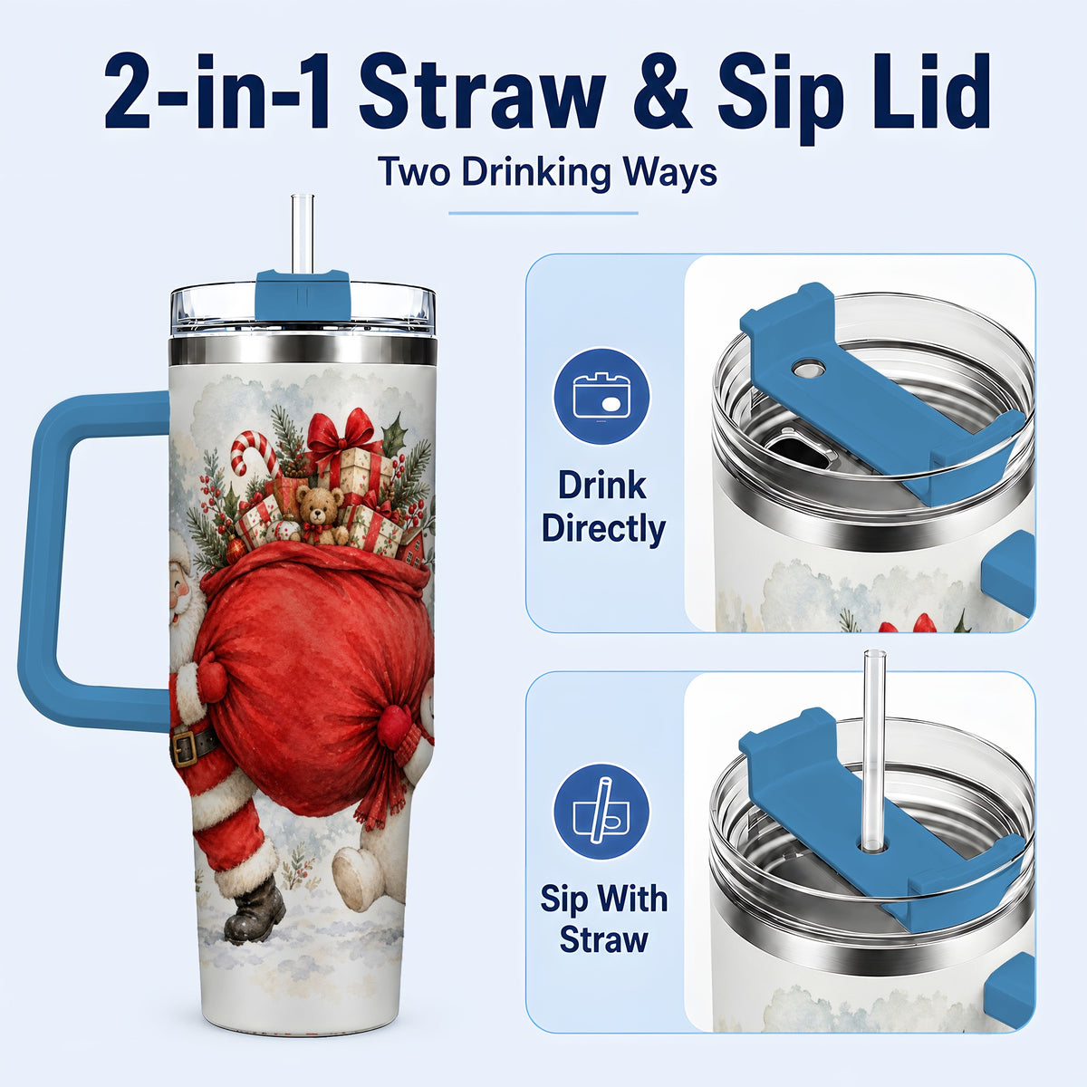 #pl[40oz|Blue] Santa Snowman 40oz Tumbler, Holiday Tumbler, Stainless Steel Travel Cup