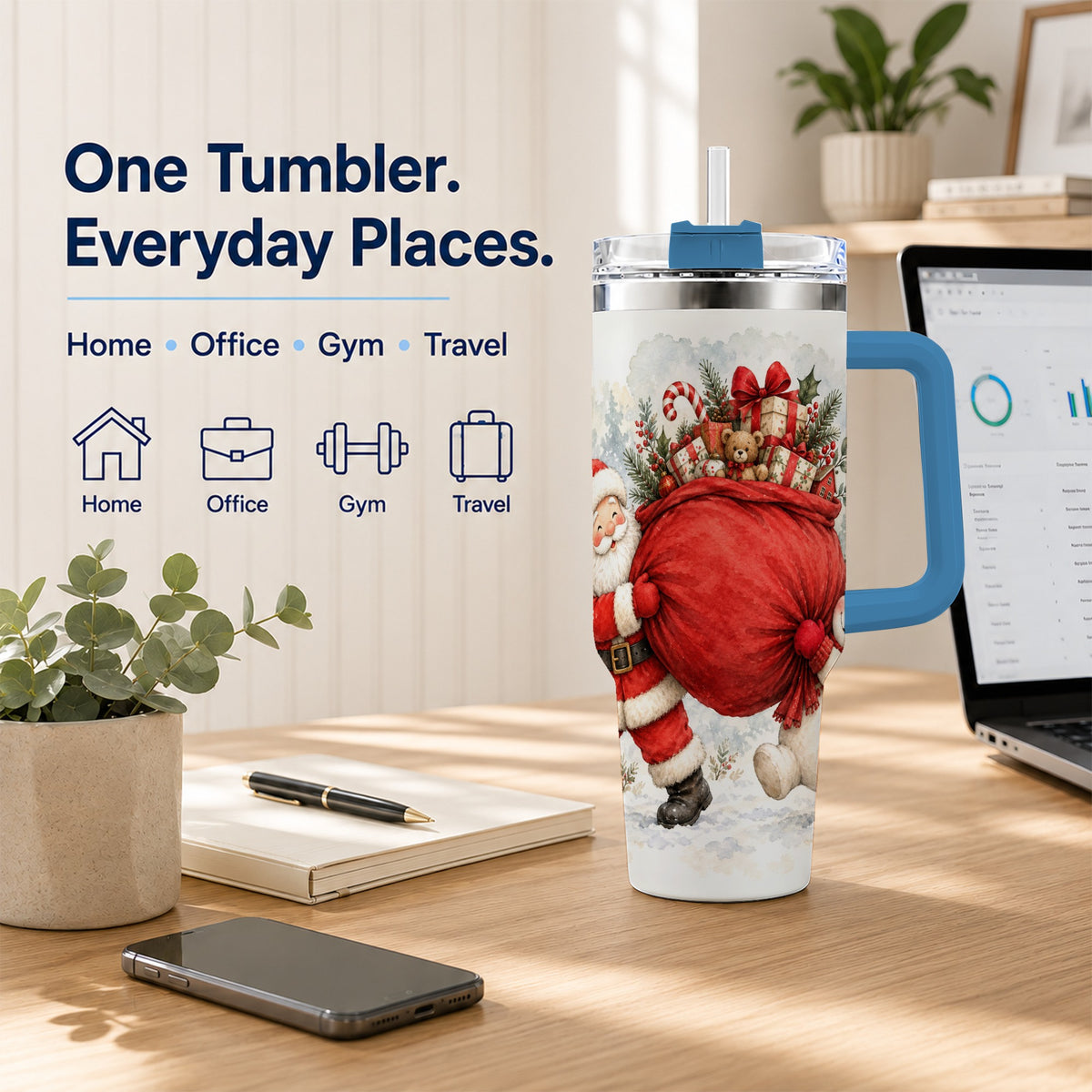 #pl[40oz|Blue] Santa Snowman 40oz Tumbler, Holiday Tumbler, Stainless Steel Travel Cup