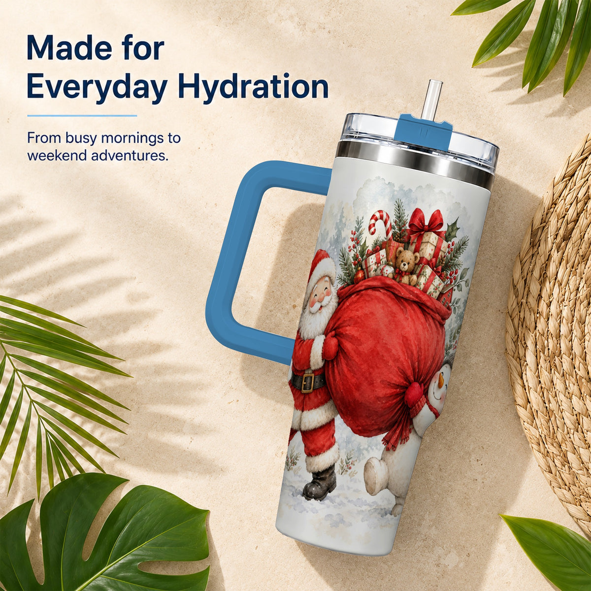 #pl[40oz|Blue] Santa Snowman 40oz Tumbler, Holiday Tumbler, Stainless Steel Travel Cup
