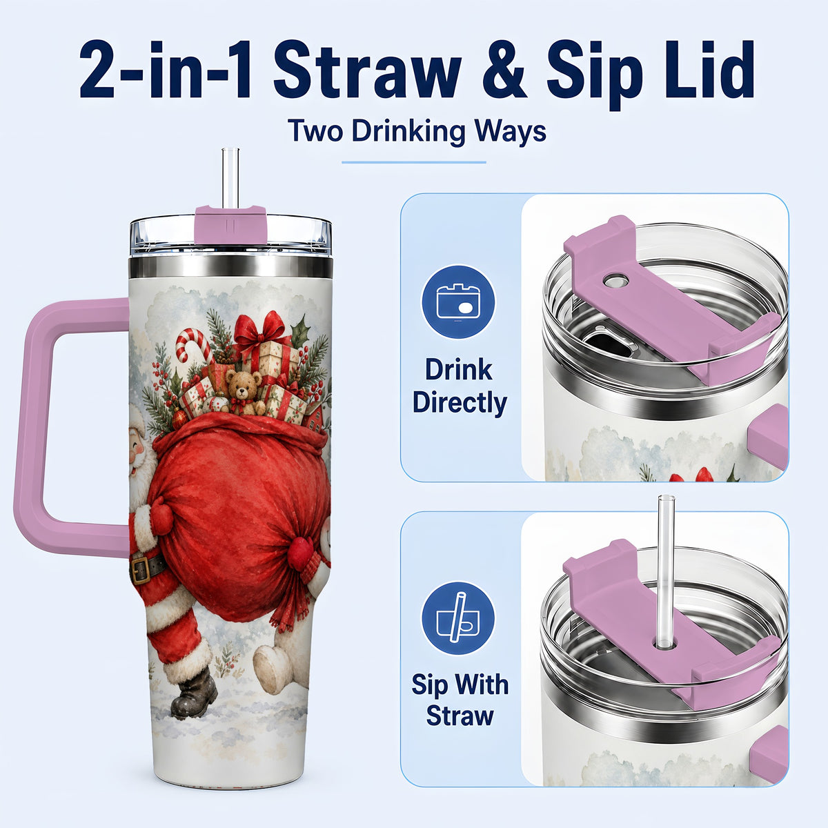 #pl[40oz|Pink] Santa Snowman 40oz Tumbler, Holiday Tumbler, Stainless Steel Travel Cup