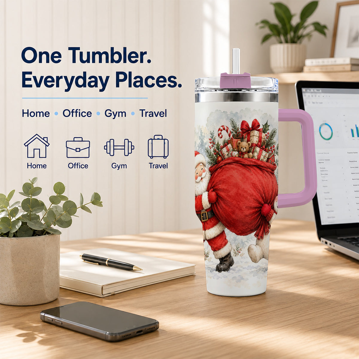 #pl[40oz|Pink] Santa Snowman 40oz Tumbler, Holiday Tumbler, Stainless Steel Travel Cup