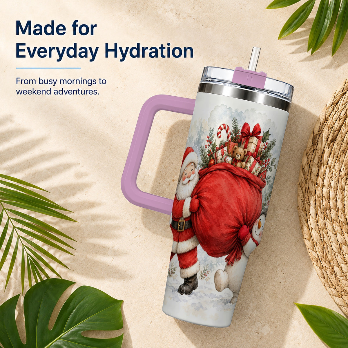 #pl[40oz|Pink] Santa Snowman 40oz Tumbler, Holiday Tumbler, Stainless Steel Travel Cup