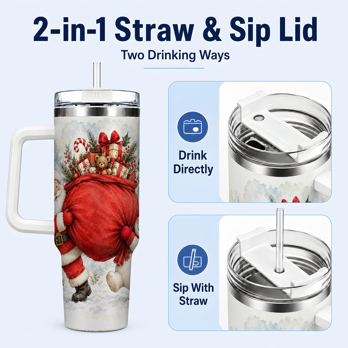 #pl[40oz|White] Santa Snowman 40oz Tumbler, Holiday Tumbler, Stainless Steel Travel Cup