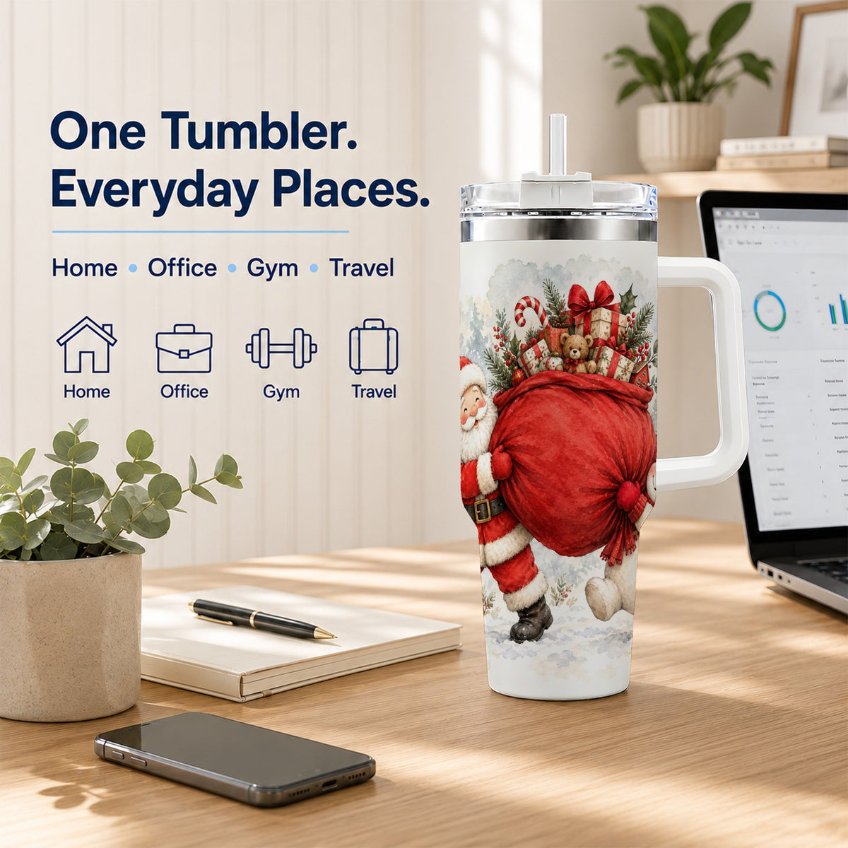 #pl[40oz|White] Santa Snowman 40oz Tumbler, Holiday Tumbler, Stainless Steel Travel Cup