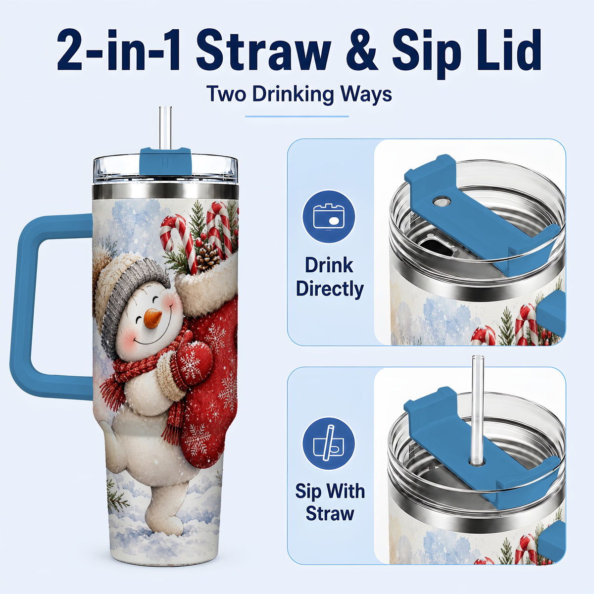 #pl[40oz|Blue] Snowman Stocking 40oz Tumbler, Holiday Tumbler, Stainless Steel Travel Cup