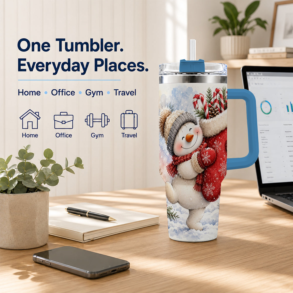 #pl[40oz|Blue] Snowman Stocking 40oz Tumbler, Holiday Tumbler, Stainless Steel Travel Cup