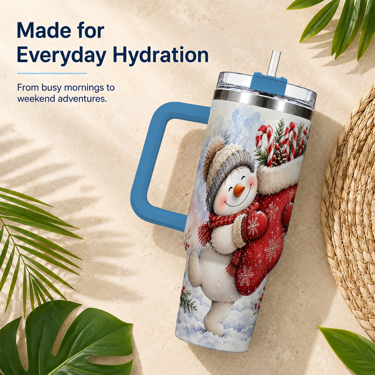 #pl[40oz|Blue] Snowman Stocking 40oz Tumbler, Holiday Tumbler, Stainless Steel Travel Cup