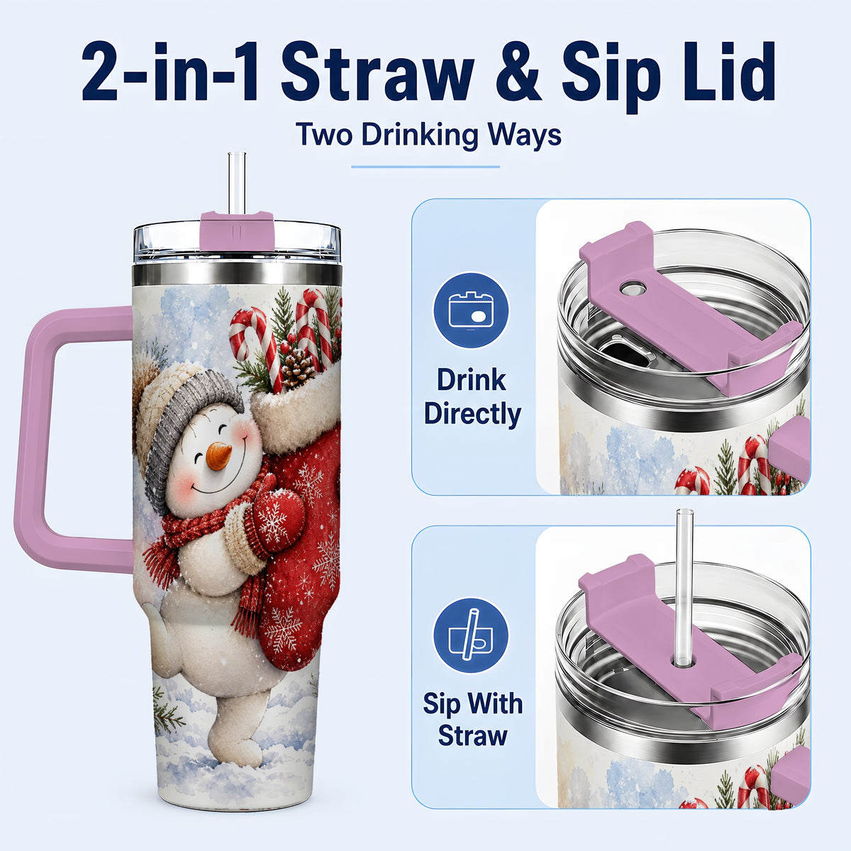 #pl[40oz|Pink] Snowman Stocking 40oz Tumbler, Holiday Tumbler, Stainless Steel Travel Cup