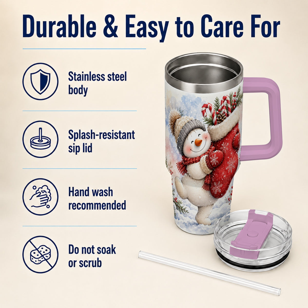 #pl[40oz|Pink] Snowman Stocking 40oz Tumbler, Holiday Tumbler, Stainless Steel Travel Cup